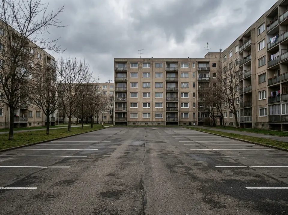 Üres aszfaltos parkoló panelházak között, felfestett parkolóállásokkal.
